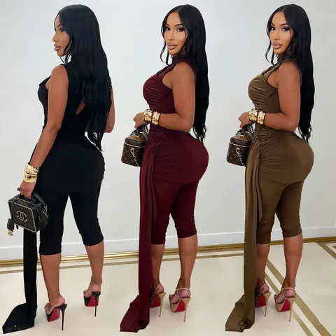 Damen Slim Fit Ärmellos Stehkragen Plissiert Schärpe Jumpsuit Sexy Club Party Lange Hose Romper