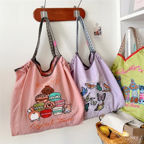 Casual Leuke Cartoon Hond Borduurwerk Canvas Tote Tas Vrouwen Grote Capaciteit Woon-werkverkeer Handtas Winkelen Schoudertas
