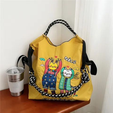 Vrouwen Grote Capaciteit Canvas Tote Tas Casual Woon-Werkverkeer Schoudertas Schattige Dierlijke Bloemen Borduurwerk Handtas Winkeltas