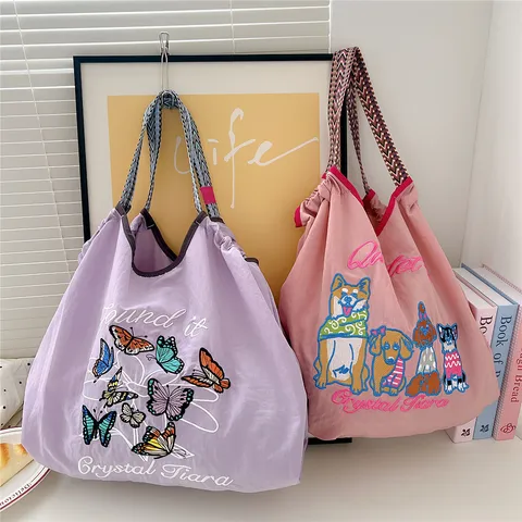 Casual Leuke Cartoon Hond Borduurwerk Canvas Tote Tas Vrouwen Grote Capaciteit Woon-werkverkeer Handtas Winkelen Schoudertas