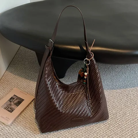 Dames Vintage Geweven Tote Bag PU Leer Slungelige Schoudertas Grote Capaciteit Mode Chique Hobo Handtas Voor Dagelijks Gebruik