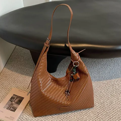 Dames Vintage Geweven Tote Bag PU Leer Slungelige Schoudertas Grote Capaciteit Mode Chique Hobo Handtas Voor Dagelijks Gebruik