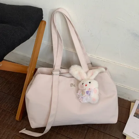 Women Casual Nylon Tote Bag Large Capacity Commuter Shoulder Bag Simple Solid Color Handbag With Plush Pendant