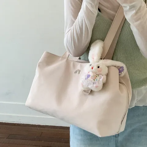 Women Casual Nylon Tote Bag Large Capacity Commuter Shoulder Bag Simple Solid Color Handbag With Plush Pendant
