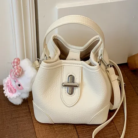 Women PU Leather Litchi Pattern Bucket Bag Commuter Handbag Casual Shoulder Bag With Metal Lock
