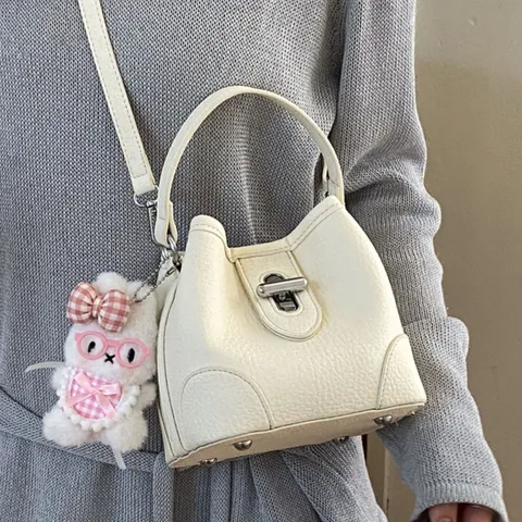 Women PU Leather Litchi Pattern Bucket Bag Commuter Handbag Casual Shoulder Bag With Metal Lock