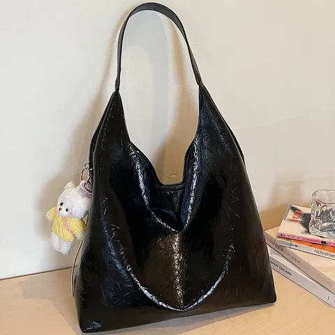 Women Large Capacity PU Leather Tote Bag Casual Commuter Solid Color Shoulder Underarm Bag Fashion Handbag With Pendant