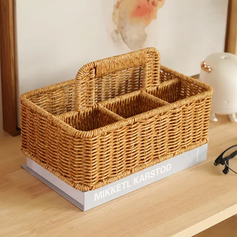 Japanese Style Imitation Rattan Storage Basket Multi-Compartment Woven Desktop Organizer with Handle for Kitchen Cutlery Makeup Brush Cosmetics Sundries