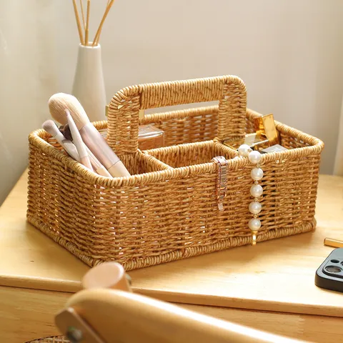 Japanese Style Imitation Rattan Storage Basket Multi-Compartment Woven Desktop Organizer with Handle for Kitchen Cutlery Makeup Brush Cosmetics Sundries