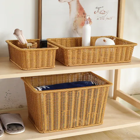 Hand Woven Imitation Rattan Storage Basket Plastic Storage Box Desktop Snack Fruit Basket Bathroom Sundries Organizer Bin