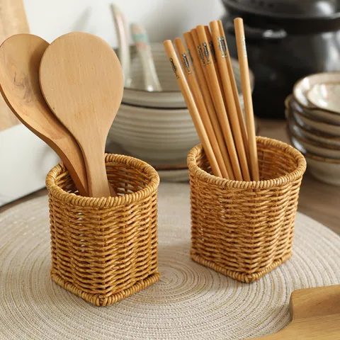 Rattan Imitation Plastic Pen Holder Desktop Stationery Storage Basket Makeup Brush Organizer Box Desk Decor