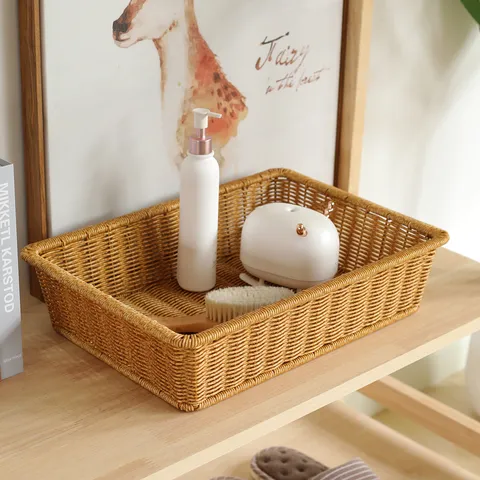 Hand Woven Imitation Rattan Storage Basket Plastic Storage Box Desktop Snack Fruit Basket Bathroom Sundries Organizer Bin