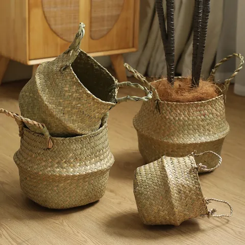 Nordic Natural Straw Woven Storage Basket Handcrafted Rustic Plant Pot Cover Organizer Bin For Home Decor Sundries