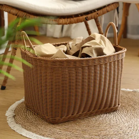 Imitation Rattan Laundry Basket Plastic Woven Dirty Clothes Storage Basket With Dual Handles For Bathroom Bedroom Household Storage