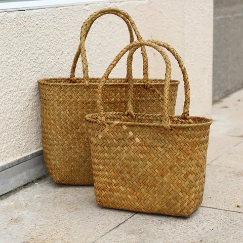 Natural Straw Woven Handheld Picnic Basket Storage Container Pastoral Style Handcrafted Fruit Picking Basket