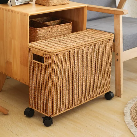 Imitation Rattan Gap Storage Box With Lid And Wheels Narrow Storage Basket For Living Room Bathroom And Bedroom Organizer
