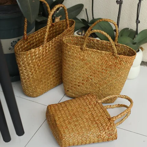 Handmade Woven Straw Bag Rustic Natural Fiber Handbag Eco-Friendly Gift Packaging Basket For Women Daily Casual