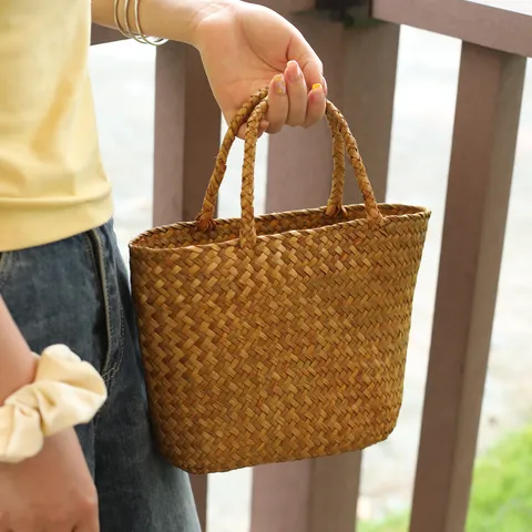 Handmade Woven Straw Bag Rustic Natural Fiber Handbag Eco-Friendly Gift Packaging Basket For Women Daily Casual