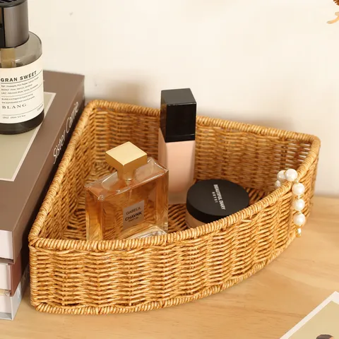 Rattan Corner Storage Basket Woven Desktop Organizer Snack And Fruit Basket For Living Room Bathroom Home Decor