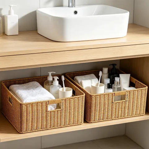 Panier de Rangement en Plastique Imitation Rotin pour la Maison Boîte Organisateur d'Articles Divers de Salle de Bain