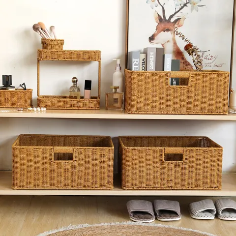 Panier de Rangement en Plastique Imitation Rotin pour la Maison Boîte Organisateur d'Articles Divers de Salle de Bain
