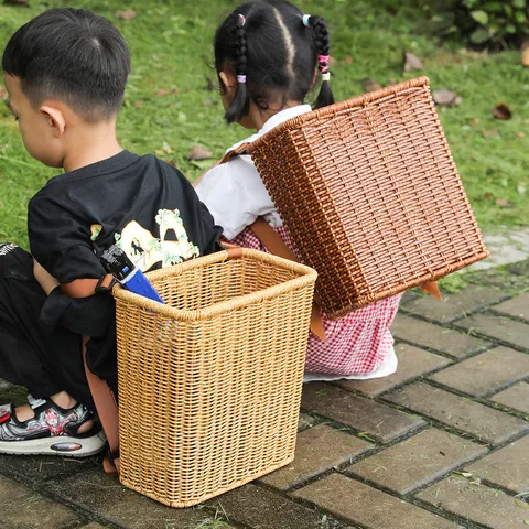 Children Rattan Woven Backpack Outdoor Picking Storage Basket Minimalist Style Kids Double Shoulder Basket
