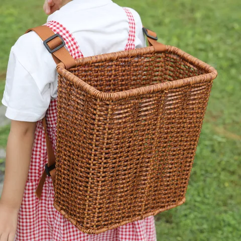 Children Rattan Woven Backpack Outdoor Picking Storage Basket Minimalist Style Kids Double Shoulder Basket