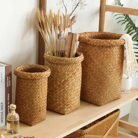 Round Woven Storage Basket Natural Straw Plant Pot Cover Minimalist Laundry Basket Desktop Sundries Organizer Home Decor