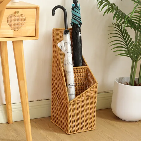 Faux Rattan Yoga Mat Storage Basket Slim Umbrella Stand Home Entryway Organizer Holder Woven Storage Rack For Living Room