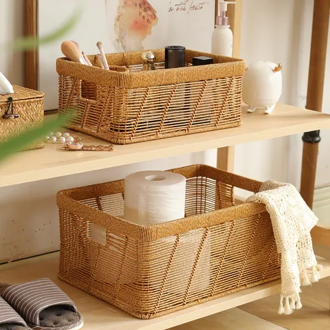 Rectangular Hollow Imitation Rattan Storage Basket Breathable Storage Bin For Bookcase Books Files Home Organization