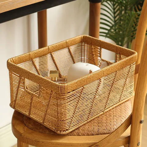 Rectangular Hollow Imitation Rattan Storage Basket Breathable Storage Bin For Bookcase Books Files Home Organization