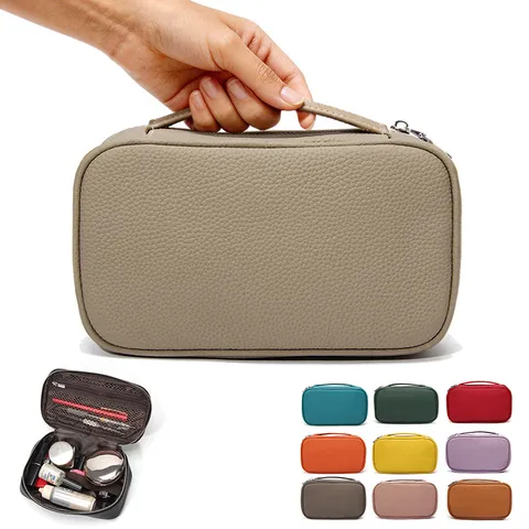 Women Leather Cosmetic Bag Portable Travel Large Capacity Makeup Pouch Multi Color Toiletry Organizer Handbag