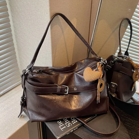Women's Casual PU Leather Tote Bag Large Capacity Commuter Shoulder Bag Vintage Solid Color Handbag Chic Purse