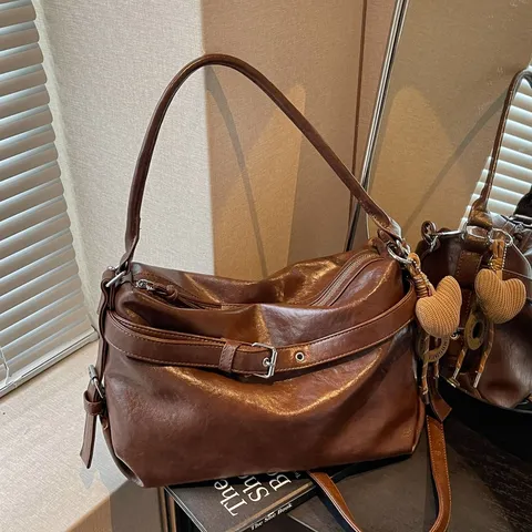 Women's Casual PU Leather Tote Bag Large Capacity Commuter Shoulder Bag Vintage Solid Color Handbag Chic Purse