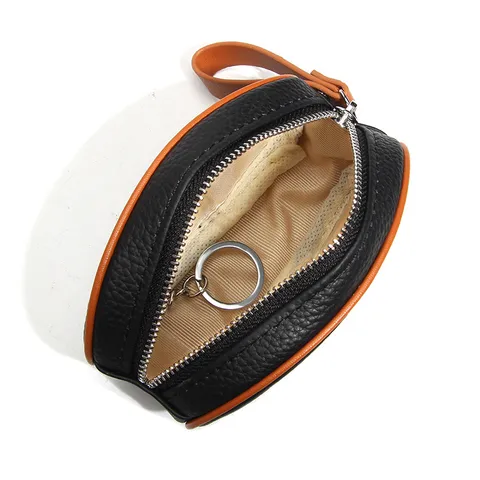 Genuine Leather Coin Purse Mini Wallet Contrast Color Top Layer Cowhide Small Pouch With Key Chain For Women Daily Use