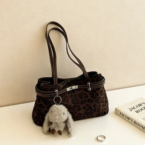 Vintage Wildleder Boston Tasche Für Damen Retro Leopardenmuster Kontrastfarbe Schulter Achselhöhle Tasche Pendeln Mode Handtasche
