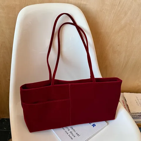Damen Große Kapazität Samt Schultertasche Mode Retro Pendler Tote Bag Mit Vortasche Einfarbig Achseltasche