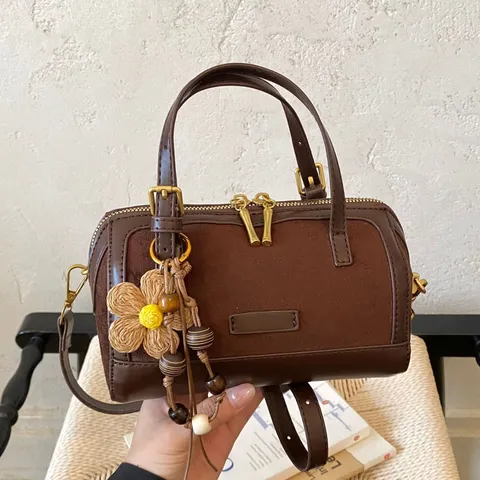 Retro PU Leather Leopard Print Boston Bag For Women Korean Niche Design Small Pillow Crossbody Bag Casual Handheld Shoulder Bag
