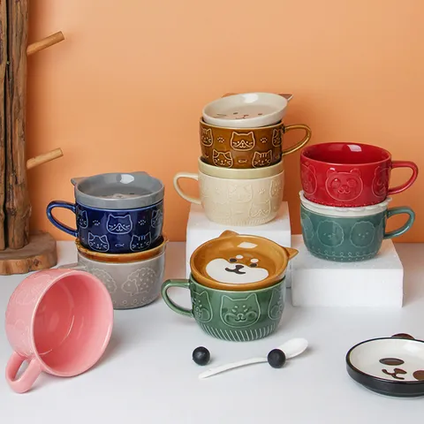 Ceramic Cartoon Animal Coffee Mug With Lid Embossed Porcelain Breakfast Oats Cup Shiba Inu Panda Cat Hedgehog Water Cup For Home Office