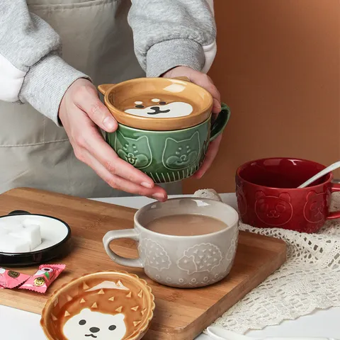 Ceramic Cartoon Animal Coffee Mug With Lid Embossed Porcelain Breakfast Oats Cup Shiba Inu Panda Cat Hedgehog Water Cup For Home Office