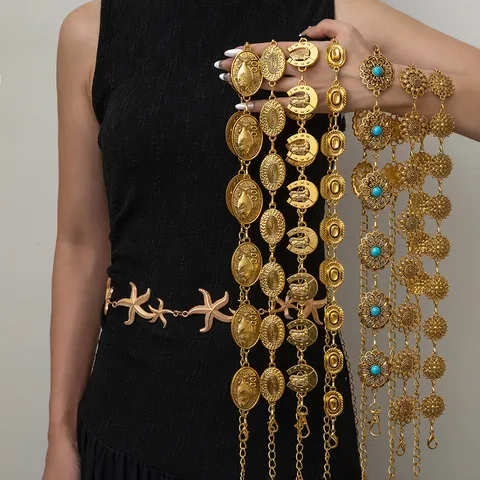 Vintage Embossed Metal Waist Chain Adjustable Alloy Waist Belt Dress Decorative Chain Fashion Body Jewelry For Women