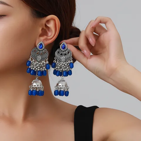 Boucles d'Oreilles Longues Tassel Bohème Vintage Allié Strass Boucles Cloche Ethnique Bijoux de Vacances Pour Femmes