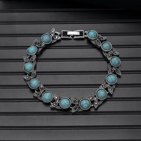 Vintage Ethnic Alloy Turquoise Gemstone Multi Color Stone Charm Bracelet Retro Fashion Jewelry Gift For Women Men