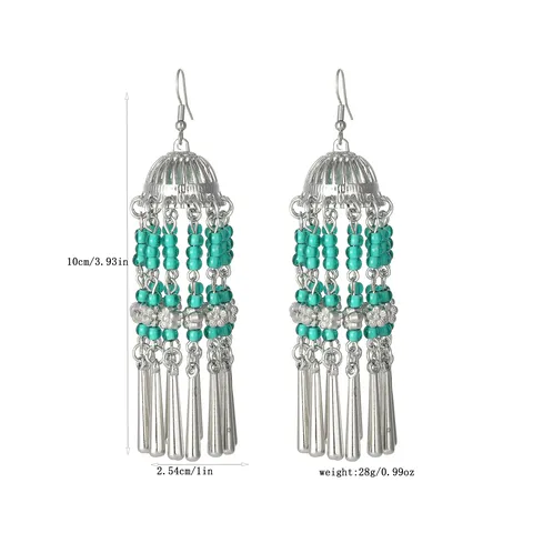 Boho Ethnic Retro Long Tassel Alloy Earrings With Bead Accents Vintage Drop Dangle Earrings Jewelry For Women