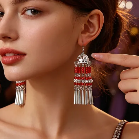 Boho Ethnic Retro Long Tassel Alloy Earrings With Bead Accents Vintage Drop Dangle Earrings Jewelry For Women