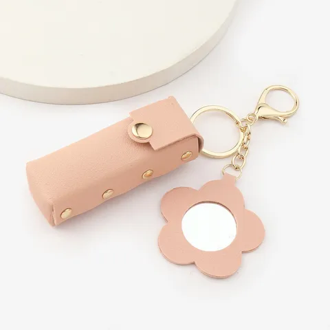 Porte-clés Miroir Floral Créatif Mini Rangement de Rouge à Lèvres Anneau Clé Pendentif Cuir Mode Cadeau Sac Charme