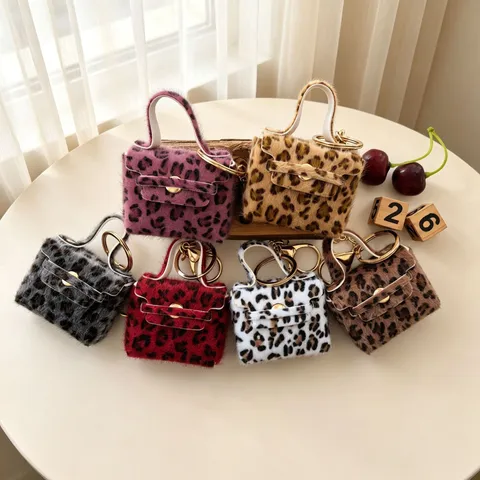 Vintage Faux Crin de Cheval Imprimé Léopard Mini Sac Porte-clés Peluche Pochette Écouteurs Pendentif de Sac