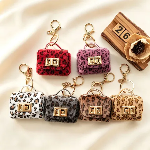 Porte-clés de Sac en Peluche à Imprimé Léopard Rétro Boucle de Verrouillage Mini Porte-monnaie Étui Écouteurs Charme Mignon