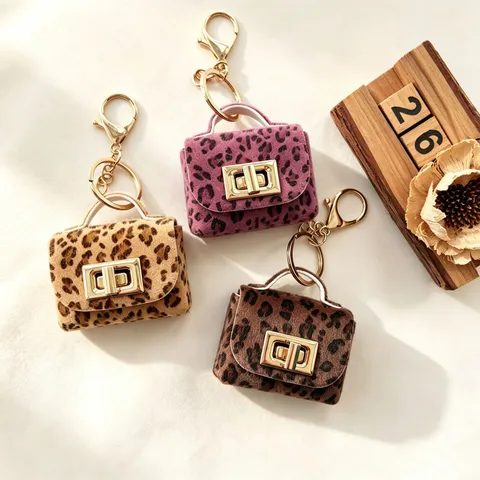 Porte-clés de Sac en Peluche à Imprimé Léopard Rétro Boucle de Verrouillage Mini Porte-monnaie Étui Écouteurs Charme Mignon