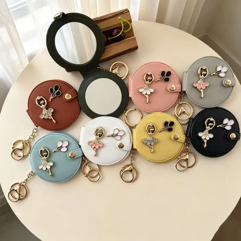 Miroir de maquillage pliable double face rond portable porte-clés fille de ballet pendentif strass pendentif de sac en cuir PU